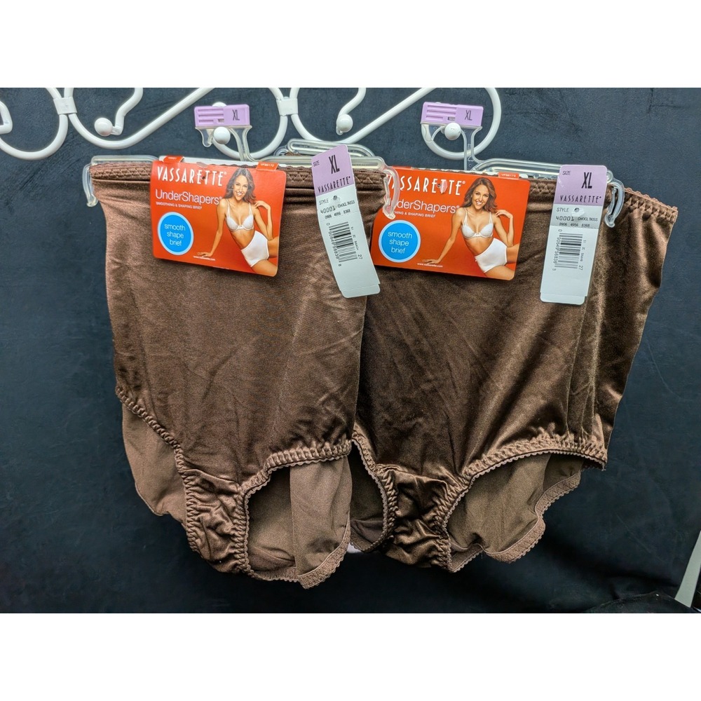 NWT 2 - VASSARETTE XL Brown Undershaper Satin 40001 Brief Panties 2008